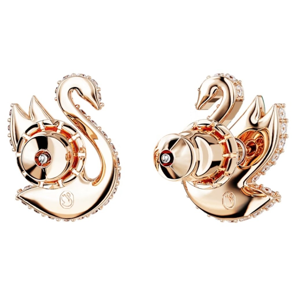 σκουλαρίκια με καραφάκι swarovski iconic swan κύκνος πράσινα επιμετάλλωση σε ροζ χρυσαφί τόνο swarov