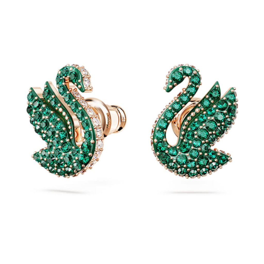 σκουλαρίκια με καραφάκι swarovski iconic swan κύκνος πράσινα επιμετάλλωση σε ροζ χρυσαφί τόνο swarovski 5650063 1