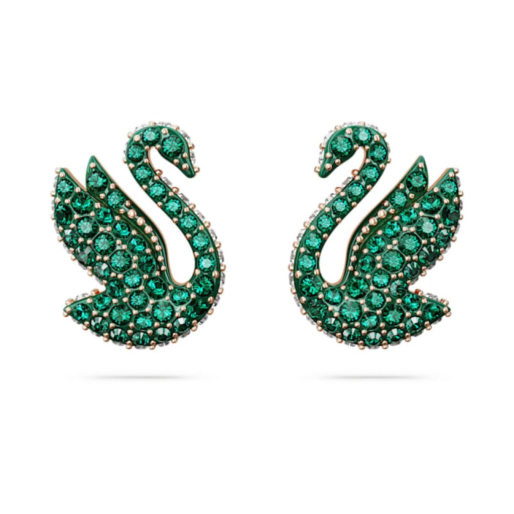 σκουλαρίκια με καραφάκι swarovski iconic swan κύκνος πράσινα επιμετάλλωση σε ροζ χρυσαφί τόνο swarovski 5650063